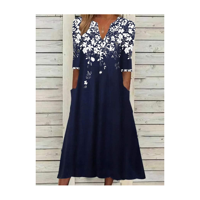 Women Floral Short Sleeve Summer Printing Dress V Neck Daily Casual Maxi Fit & Flare Dress H-Line Dress