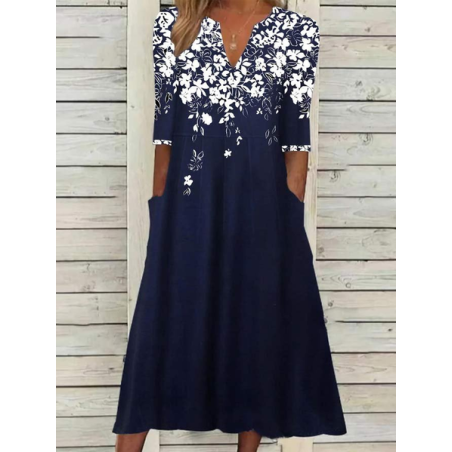 Women Floral Short Sleeve Summer Printing Dress V Neck Daily Casual Maxi Fit & Flare Dress H-Line Dress