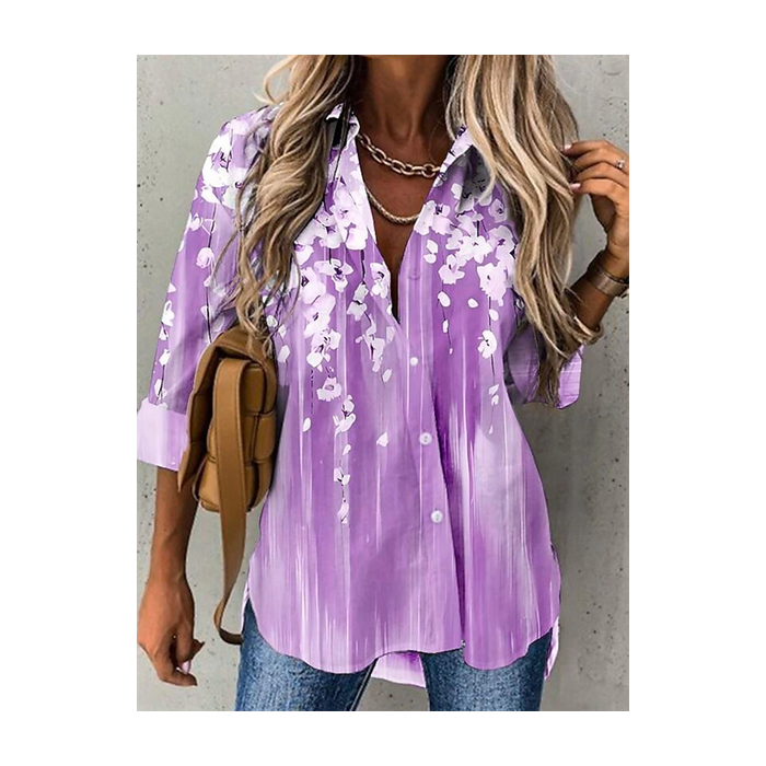 Women's Long Sleeve Shirt Spring/Fall Floral Shirt Collar Daily Going Out Casual Top
