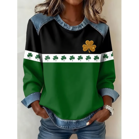 Women Shamrock Crew Neck Printing Vintage Spring/Fall Long Sleeve Sweatshirt