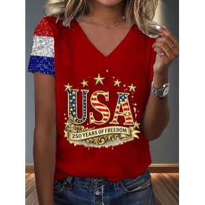 Women Text Letters Short Sleeve Tee T-shirt V Neck Casual Summer Top