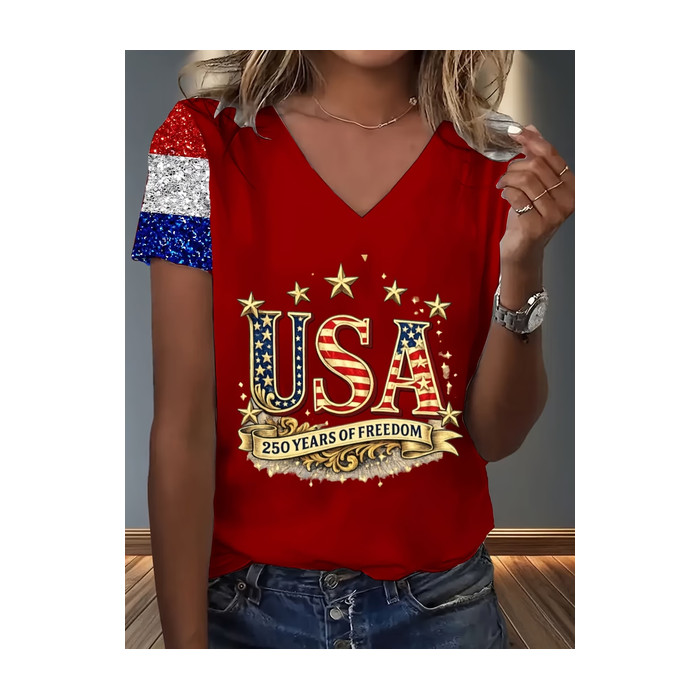 Women Text Letters Short Sleeve Tee T-shirt V Neck Casual Summer Top