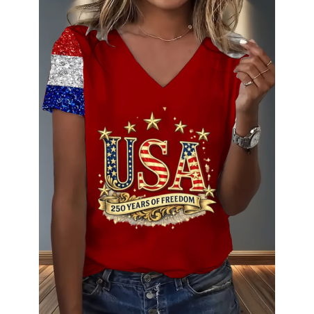 Women Text Letters Short Sleeve Tee T-shirt V Neck Casual Summer Top