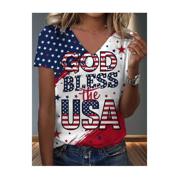 Women Text Letters Short Sleeve Tee T-shirt V Neck Casual Summer Top