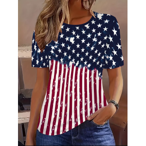 Women America Flag Short Sleeve Tee T-shirt Crew Neck Printing Casual Graphic Tee Summer Top