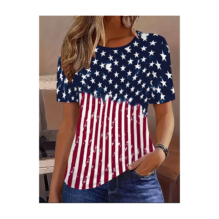 Women America Flag Short Sleeve Tee T-shirt Crew Neck Printing Casual Graphic Tee Summer Top