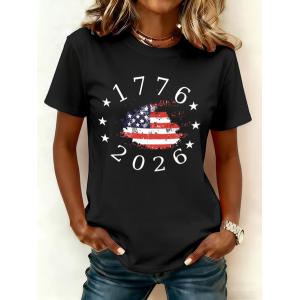 Women America Flag Short Sleeve Tee T-shirt Crew Neck Printing Casual Graphic Tee Summer Top