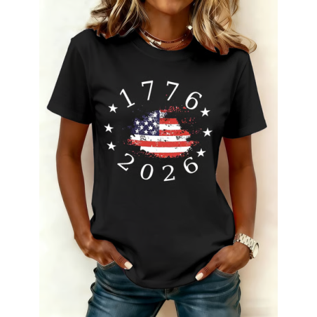Women America Flag Short Sleeve Tee T-shirt Crew Neck Printing Casual Graphic Tee Summer Top