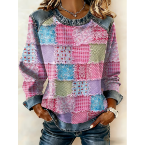 Women Abstract Crew Neck Printing Vintage Spring/Fall Long Sleeve Sweatshirt