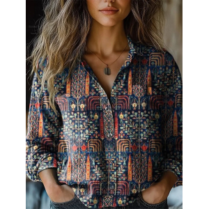 Women Floral Print Long Sleeve Shirt Spring/Fall Shawl Collar Casual Vintage Top