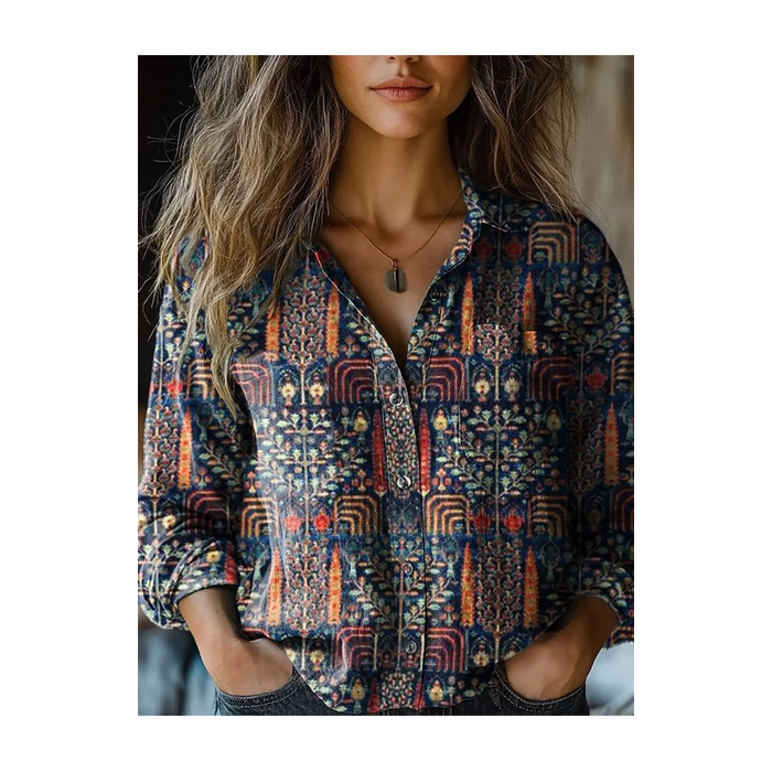 Women Floral Print Long Sleeve Shirt Spring/Fall Shawl Collar Casual Vintage Top