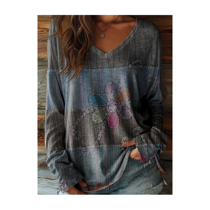 Women Floral Long Sleeve Tee T-shirt V Neck Printing Casual Graphic Tee Spring/Fall Top