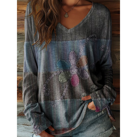 Women Floral Long Sleeve Tee T-shirt V Neck Printing Casual Graphic Tee Spring/Fall Top