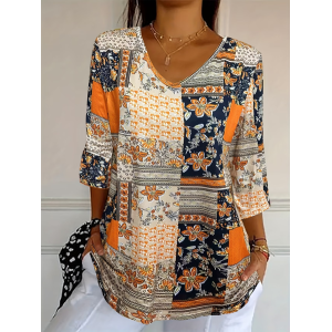 Women Floral Three Quarter Sleeve Tee T-shirt V Neck Printing Casual Graphic Tee Spring/Fall Top