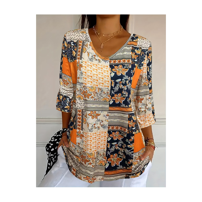 Women Floral Three Quarter Sleeve Tee T-shirt V Neck Printing Casual Graphic Tee Spring/Fall Top