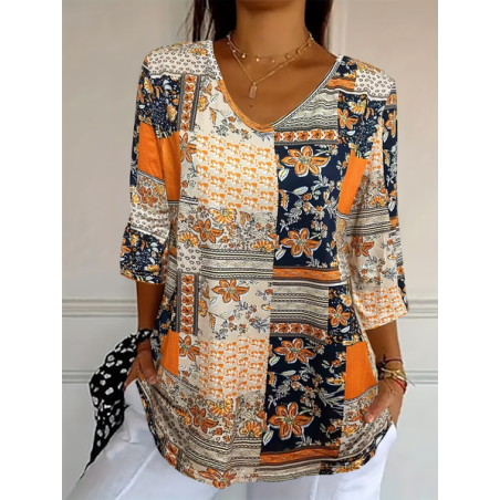 Women Floral Three Quarter Sleeve Tee T-shirt V Neck Printing Casual Graphic Tee Spring/Fall Top