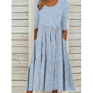 Women Striped Short Sleeve Summer Printing Dress Crew Neck Daily Casual Maxi Shift Dress H-Line Dress
