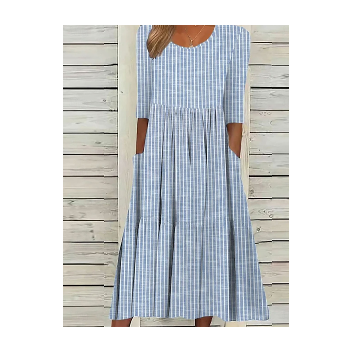 Women Striped Short Sleeve Summer Printing Dress Crew Neck Daily Casual Maxi Shift Dress H-Line Dress