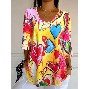 Women Heart/Cordate Three Quarter Sleeve Tee T-shirt V Neck Printing Casual Graphic Tee Spring/Fall Top