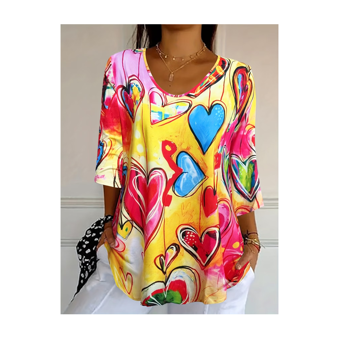 Women Heart/Cordate Three Quarter Sleeve Tee T-shirt V Neck Printing Casual Graphic Tee Spring/Fall Top