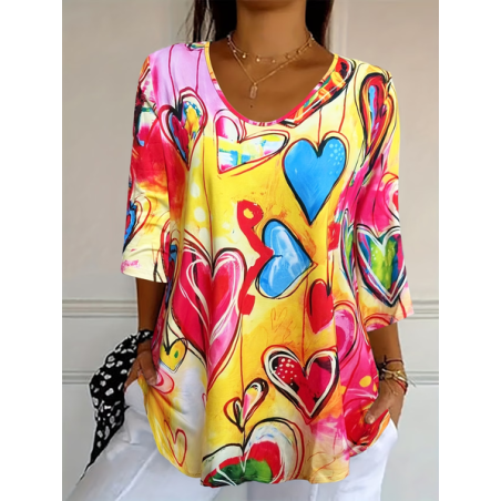 Women Heart/Cordate Three Quarter Sleeve Tee T-shirt V Neck Printing Casual Graphic Tee Spring/Fall Top