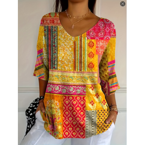 Women Floral Three Quarter Sleeve Tee T-shirt V Neck Printing Casual Graphic Tee Spring/Fall Top