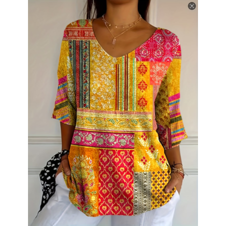 Women Floral Three Quarter Sleeve Tee T-shirt V Neck Printing Casual Graphic Tee Spring/Fall Top