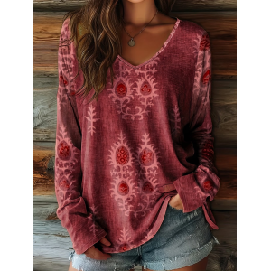 Women Abstract Long Sleeve Tee T-shirt V Neck Printing Casual Graphic Tee Spring/Fall Top