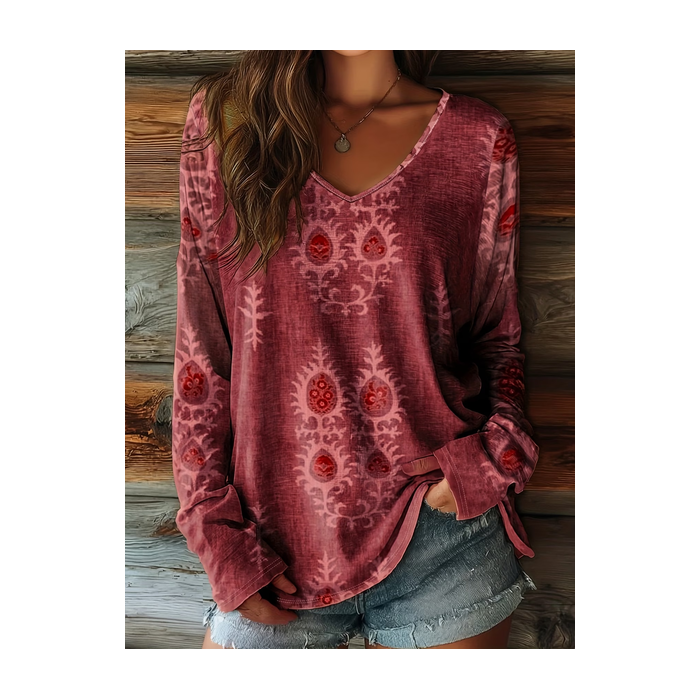 Women Abstract Long Sleeve Tee T-shirt V Neck Printing Casual Graphic Tee Spring/Fall Top