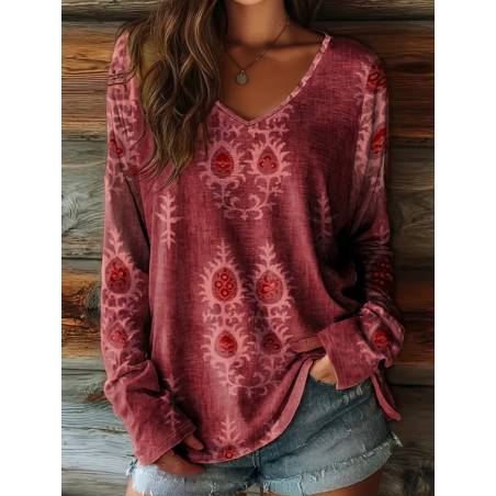 Women Abstract Long Sleeve Tee T-shirt V Neck Printing Casual Graphic Tee Spring/Fall Top