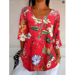 Women Floral Three Quarter Sleeve Tee T-shirt V Neck Printing Casual Graphic Tee Spring/Fall Top