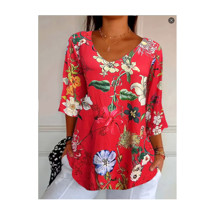 Women Floral Three Quarter Sleeve Tee T-shirt V Neck Printing Casual Graphic Tee Spring/Fall Top