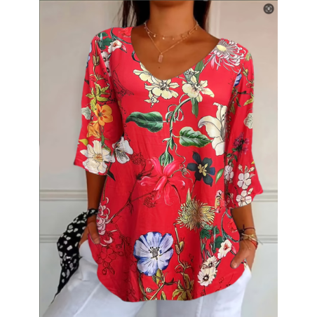 Women Floral Three Quarter Sleeve Tee T-shirt V Neck Printing Casual Graphic Tee Spring/Fall Top