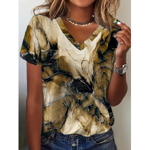 Women Abstract Short Sleeve Tee T-shirt V Neck Casual Summer Top