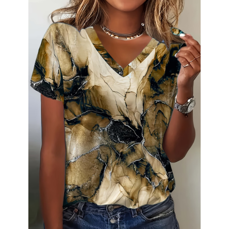 Women Abstract Short Sleeve Tee T-shirt V Neck Casual Summer Top