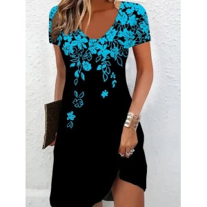 Women Floral Short Sleeve Summer Printing Dress V Neck Daily Casual Midi Fit & Flare Dress A-Line Dress