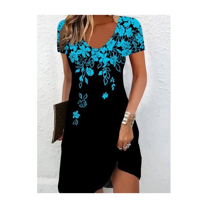 Women Floral Short Sleeve Summer Printing Dress V Neck Daily Casual Midi Fit & Flare Dress A-Line Dress