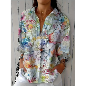 Women Floral Three Quarter Sleeve Shirt Spring/Fall Printing Shirt Collar Daily Casual Top