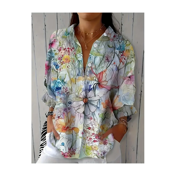 Women Floral Three Quarter Sleeve Shirt Spring/Fall Printing Shirt Collar Daily Casual Top