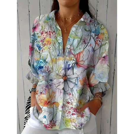 Women Floral Three Quarter Sleeve Shirt Spring/Fall Printing Shirt Collar Daily Casual Top