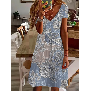 Women's Short Sleeve Summer Floral Printing Dress V Neck Daily Going Out Casual Knee Length T-Shirt Dress H-Line Dress