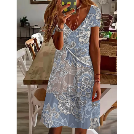 Women's Short Sleeve Summer Floral Printing Dress V Neck Daily Going Out Casual Knee Length T-Shirt Dress H-Line Dress