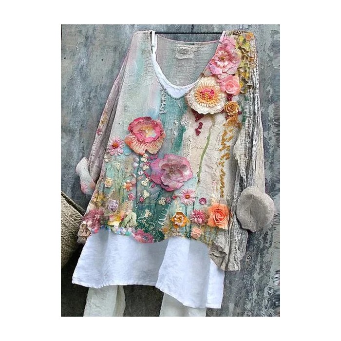 Women Floral Long Sleeve Blouse Spring/Fall Printing V Neck Daily Casual Top