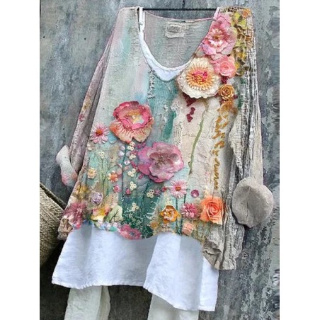 Women Floral Long Sleeve Blouse Spring/Fall Printing V Neck Daily Casual Top