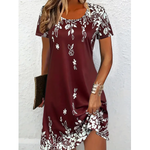 Women Floral Short Sleeve Summer Printing Dress Crew Neck Daily Casual Mini Tunic H-Line Dress