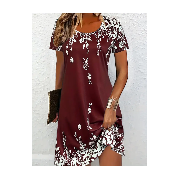 Women Floral Short Sleeve Summer Printing Dress Crew Neck Daily Casual Mini Tunic H-Line Dress
