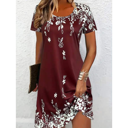 Women Floral Short Sleeve Summer Printing Dress Crew Neck Daily Casual Mini Tunic H-Line Dress