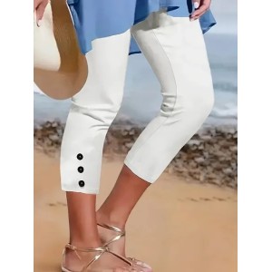 Women Plain Capris Elastic Waist Pant Casual Summer Trousers