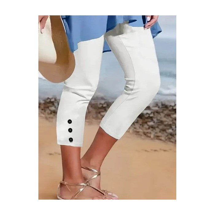 Women Plain Capris Elastic Waist Pant Casual Summer Trousers