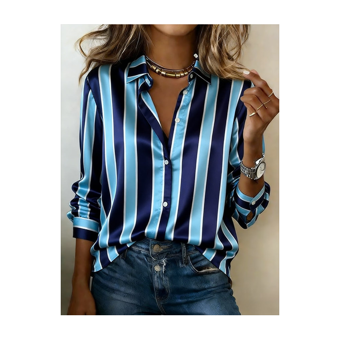 Women Striped Shawl Collar Long Sleeve Shirt Casual Daily Spring/Fall Top